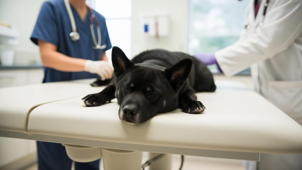 犬が動物病院で獣医に見られている